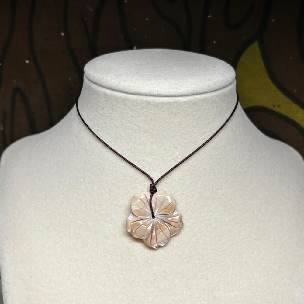 Mother of Pearl Hibiscus Flower Necklace Champagne Hand-carved Handmade OOAK Gem